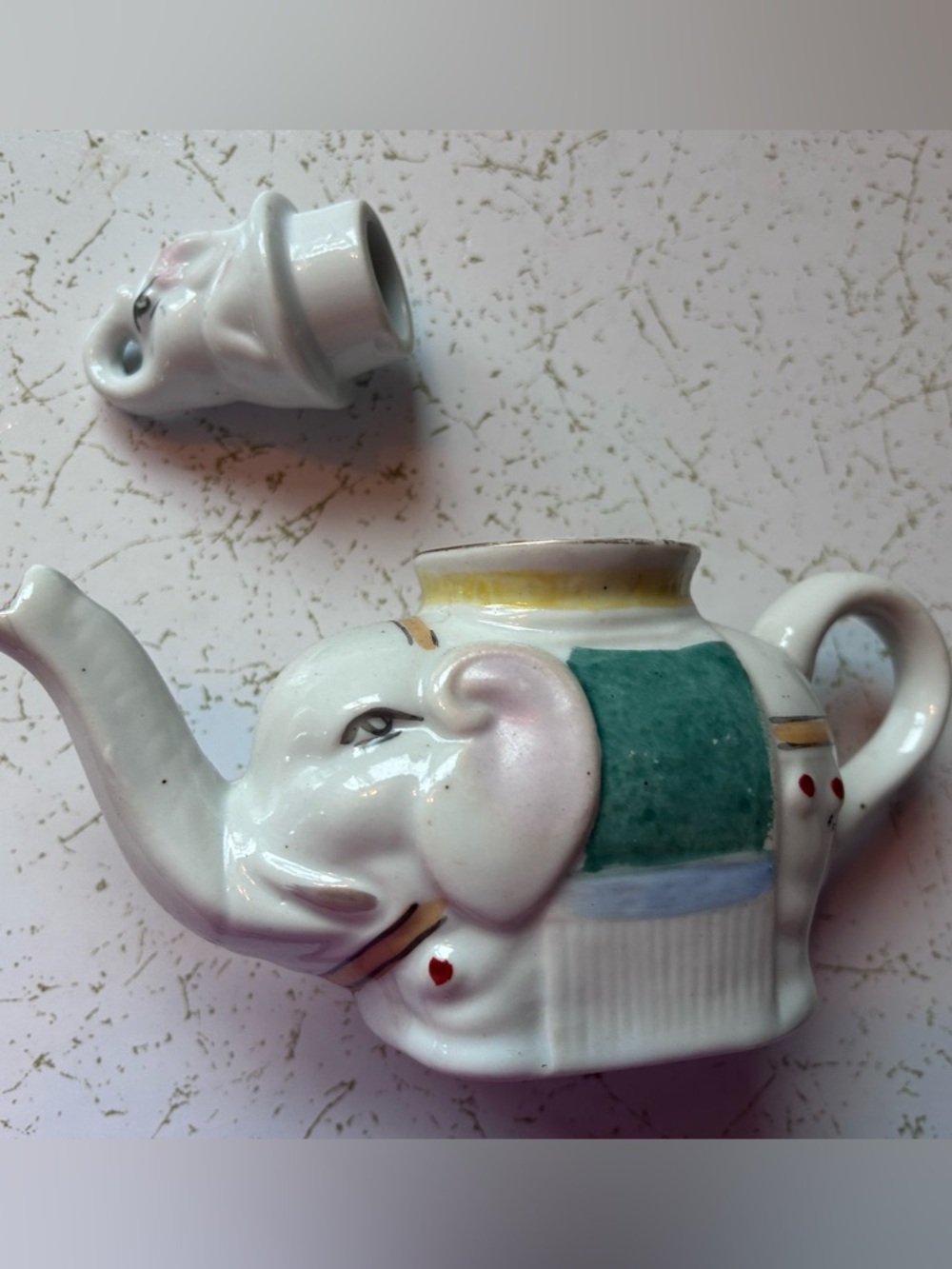 White Ceramic Elephant Teapot with Green Accent Vintage